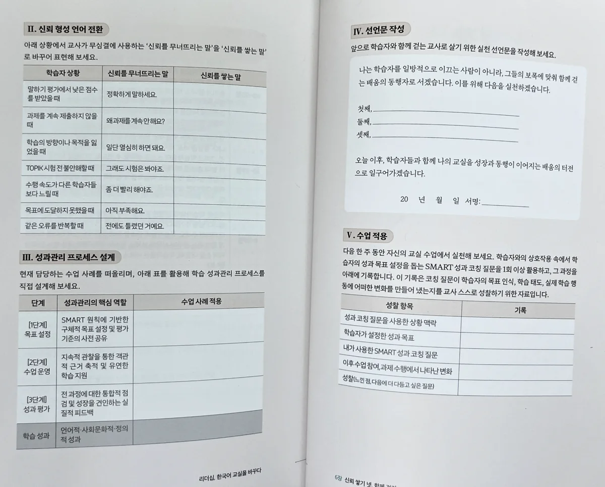 리더십, 한국어 교실을 바꾸다 교재 속 신뢰를 무너뜨리는 말을 신뢰를 쌓는 말로 바꾸어 보는 언어 전환 워크시트 실물 내지 컷
