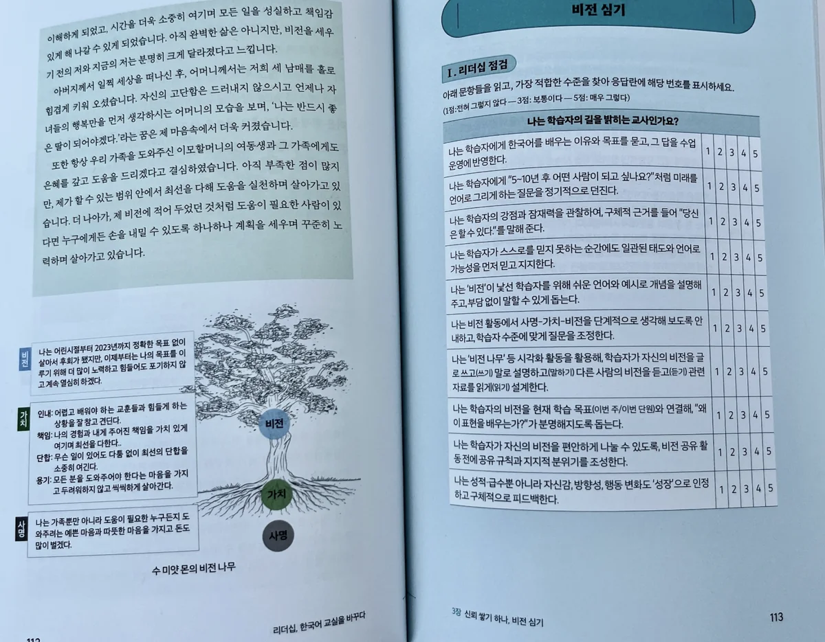리더십, 한국어 교실을 바꾸다 교재 속 학습자 비전나무 사례와 비전 심기 리더십 점검 워크시트 실물 펼침 컷